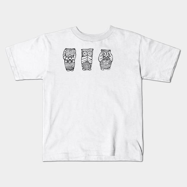 Hear, See, Speak No Evil Owl Kids T-Shirt by kk3lsyy